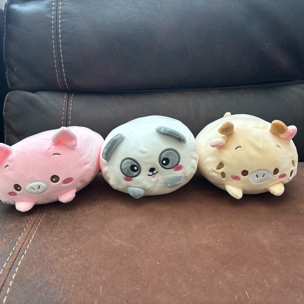 Adorable Plush Animal Trio - Pink, Gray, and Cream